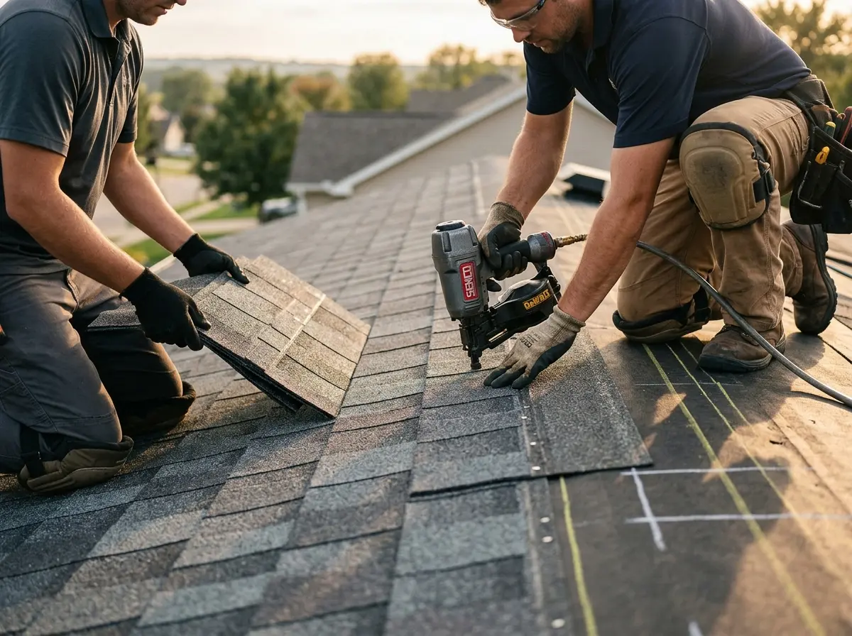 Professional roofer working on a residential roof in Mission Bend